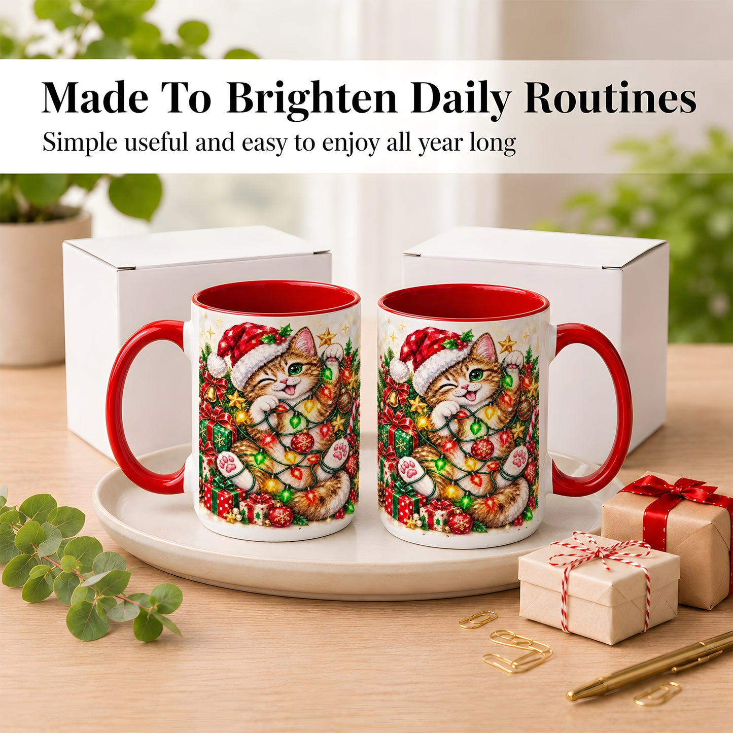 #pl[15oz|Red] Sparkling Cat Lights Coffee Mug, Christmas Kitten Mug, Ceramic Cup