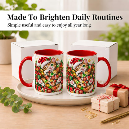#pl[15oz|Red] Sparkling Cat Lights Coffee Mug, Christmas Kitten Mug, Ceramic Cup