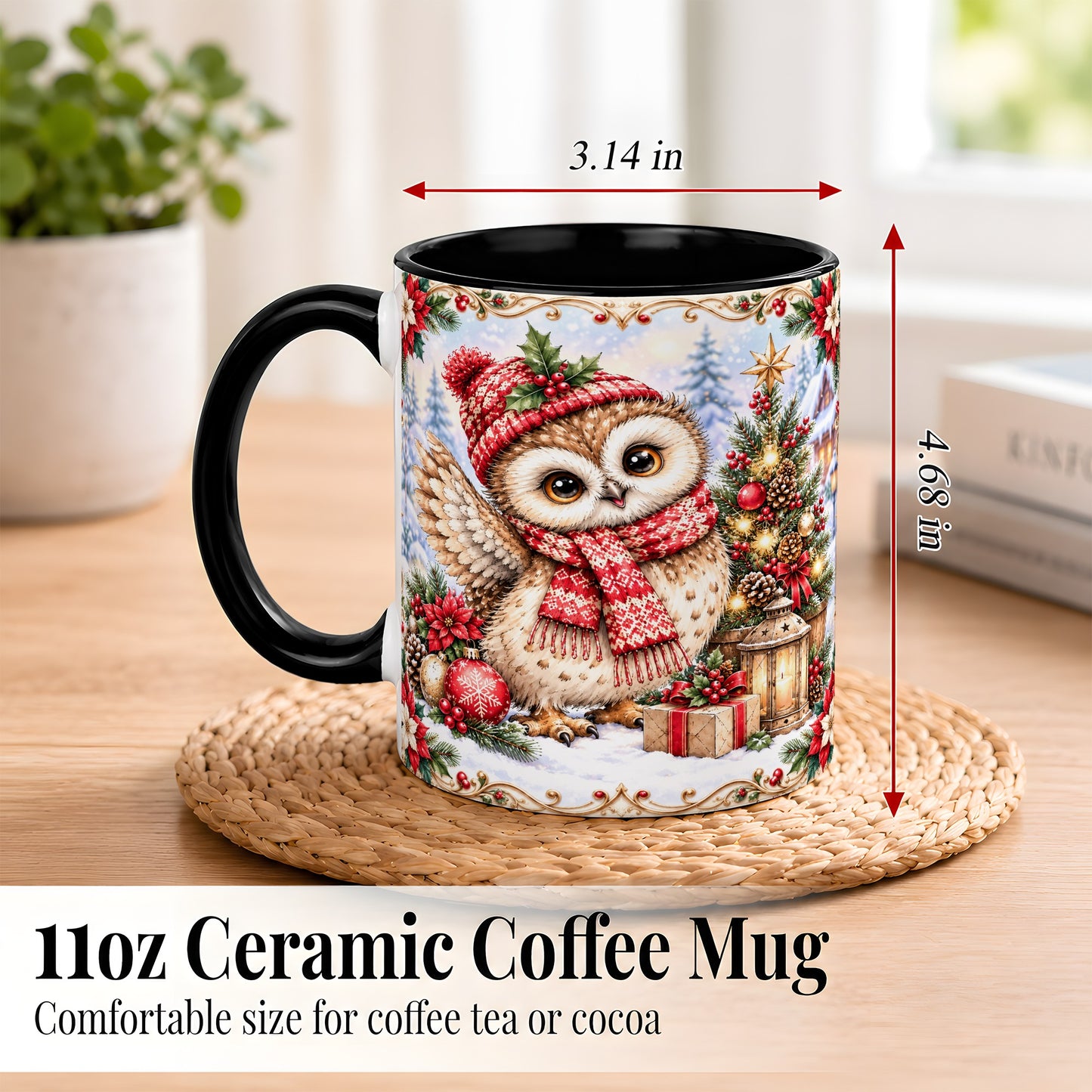 #pl[11oz|Black] Christmas Owl Coffee Mug, Winter Owl Mug, Ceramic Cup