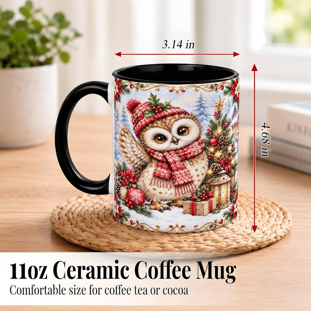 #pl[11oz|Black] Christmas Owl Coffee Mug, Winter Owl Mug, Ceramic Cup