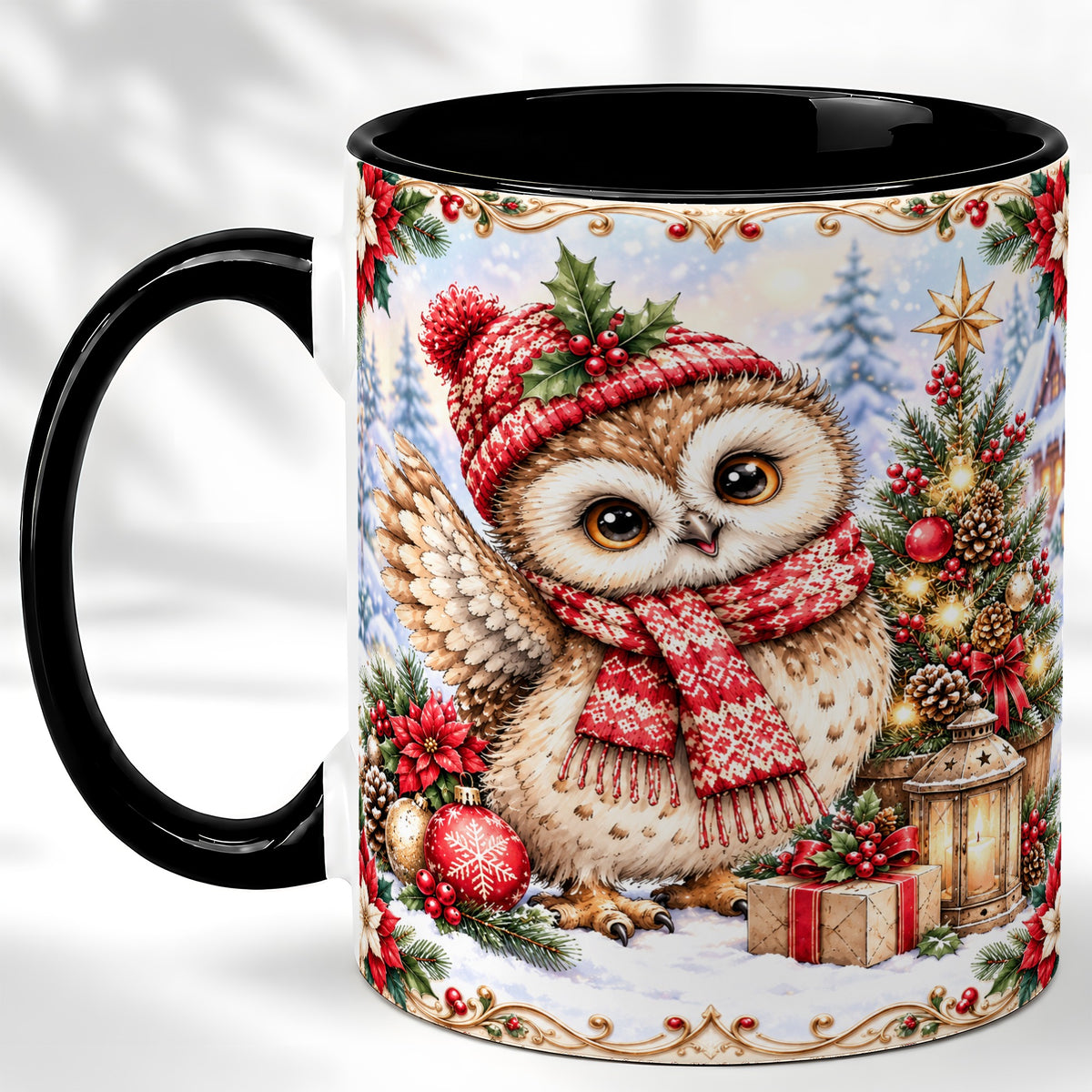 #pl[11oz|Black] Christmas Owl Coffee Mug, Winter Owl Mug, Ceramic Cup