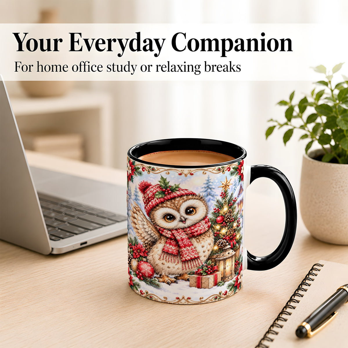 #pl[11oz|Black] Christmas Owl Coffee Mug, Winter Owl Mug, Ceramic Cup