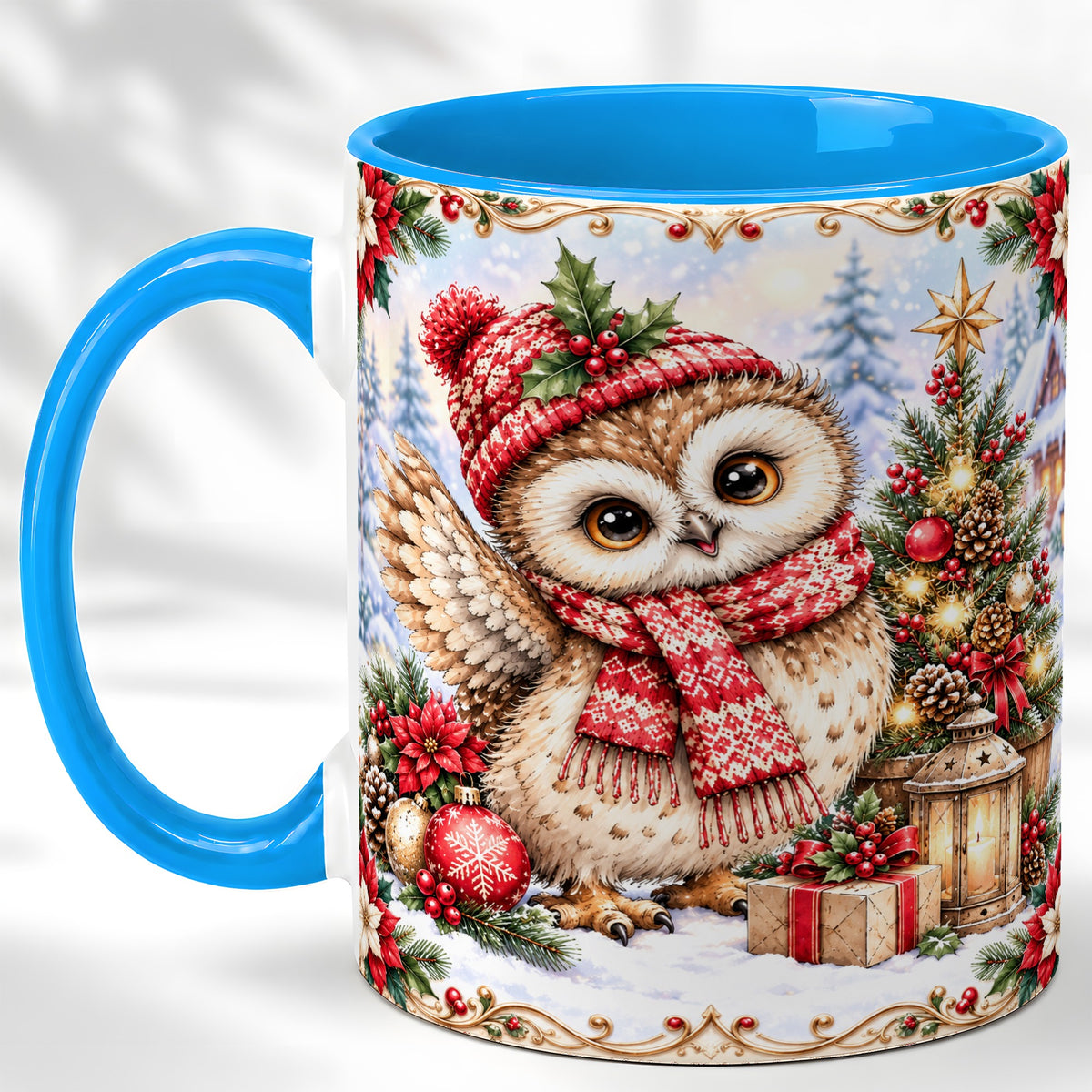 #pl[11oz|Blue] Christmas Owl Coffee Mug, Winter Owl Mug, Ceramic Cup