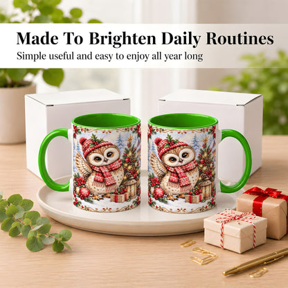 #pl[11oz|Green] Christmas Owl Coffee Mug, Winter Owl Mug, Ceramic Cup