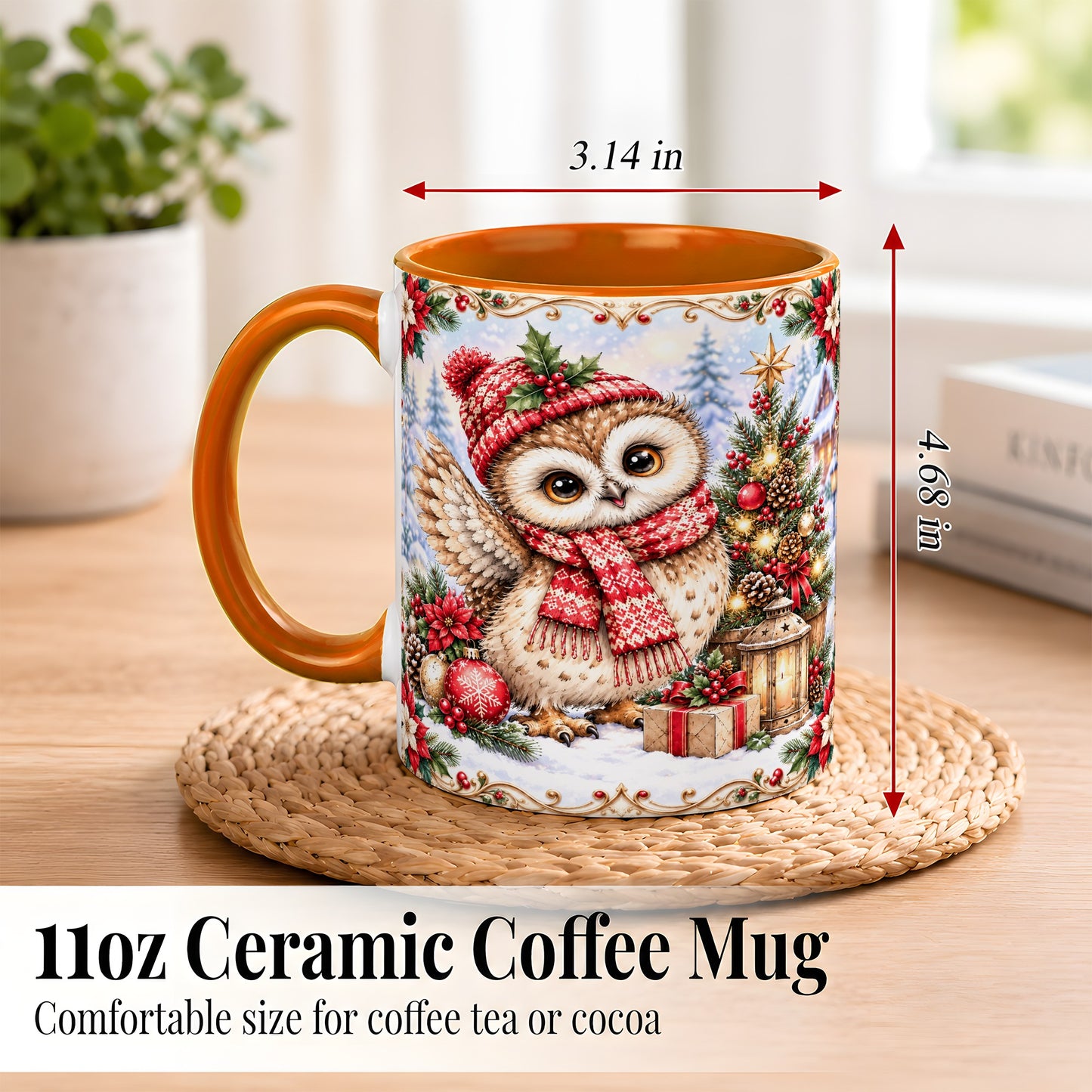 #pl[11oz|Orange] Christmas Owl Coffee Mug, Winter Owl Mug, Ceramic Cup