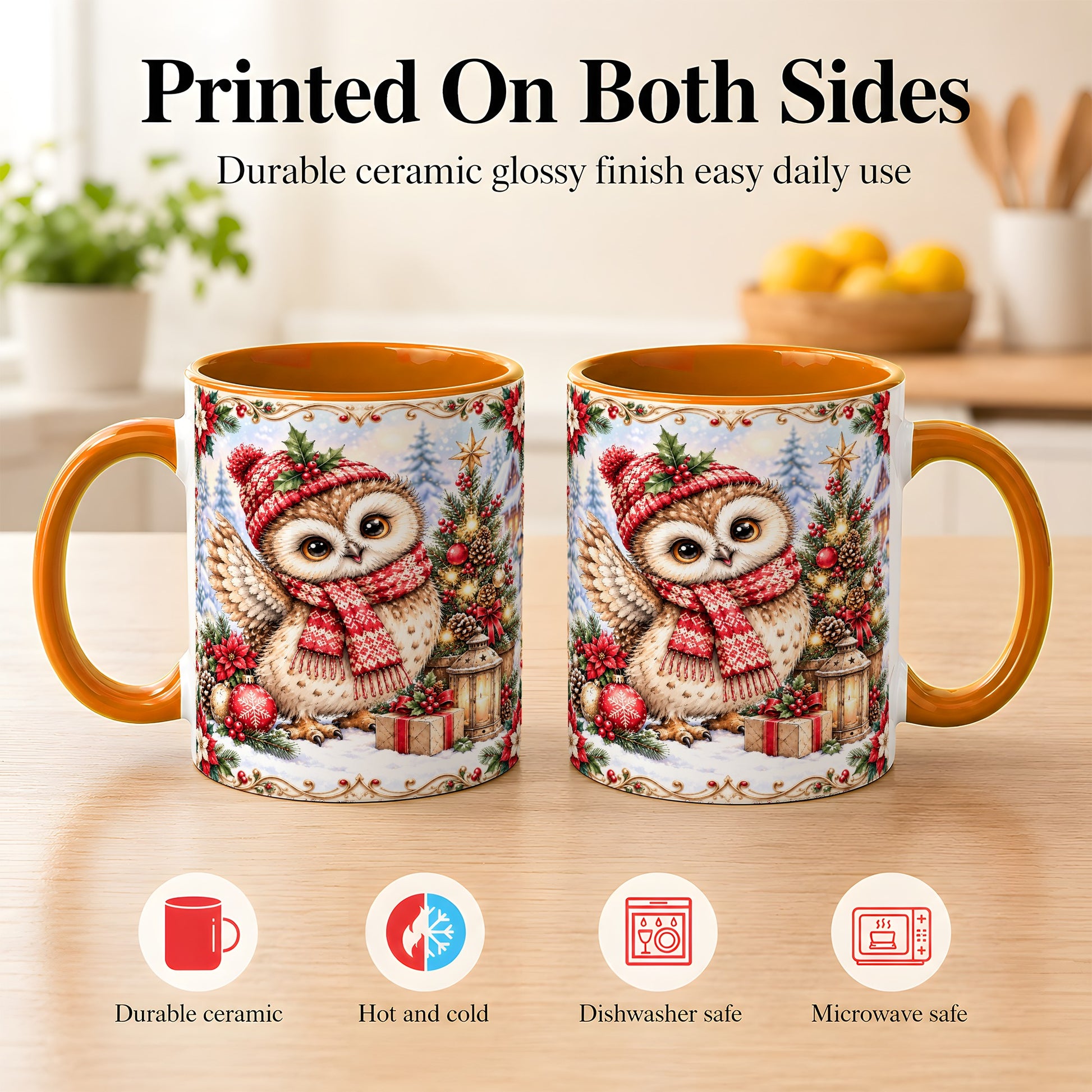 #pl[11oz|Orange] Christmas Owl Coffee Mug, Winter Owl Mug, Ceramic Cup