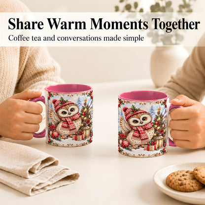 #pl[11oz|Pink] Christmas Owl Coffee Mug, Winter Owl Mug, Ceramic Cup
