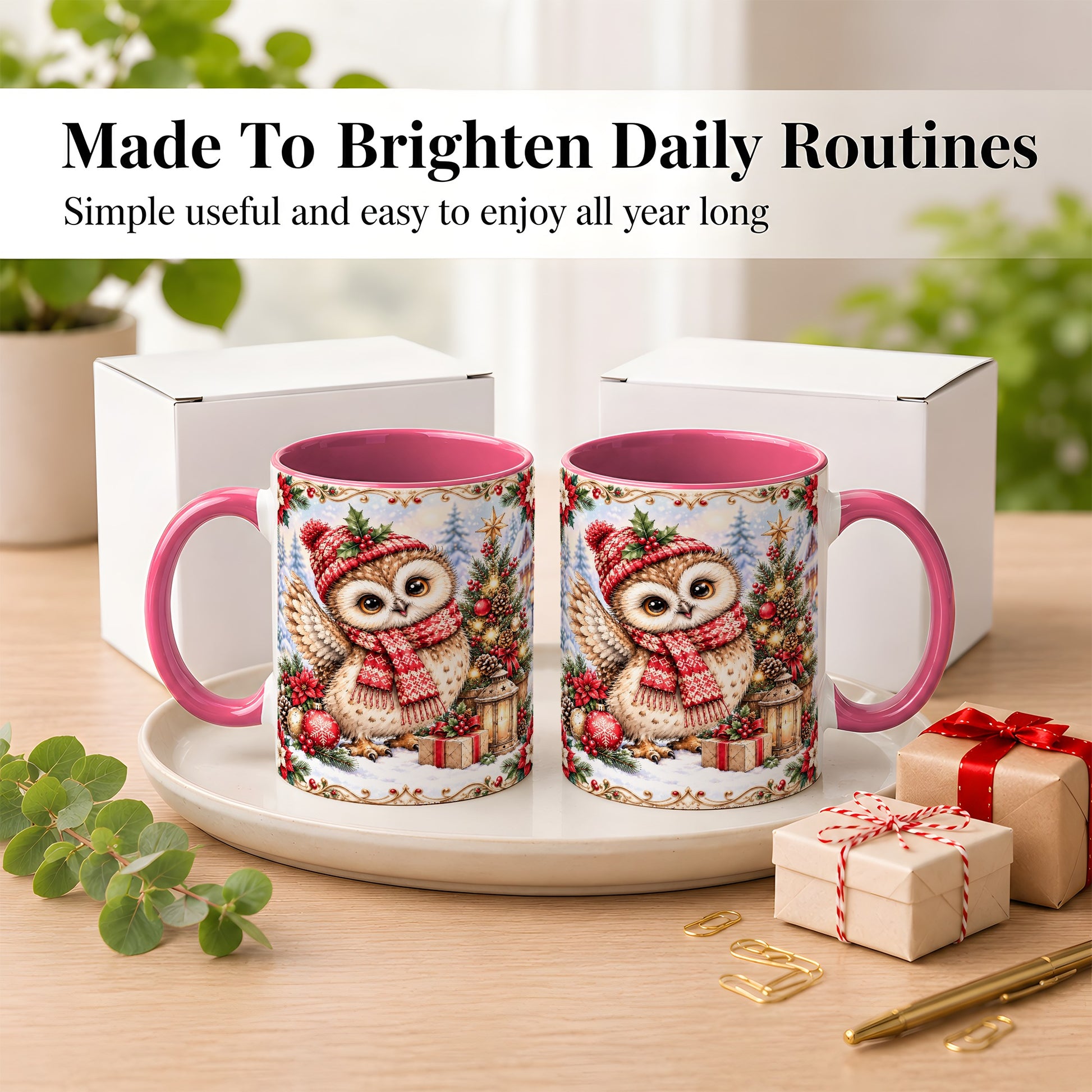 #pl[11oz|Pink] Christmas Owl Coffee Mug, Winter Owl Mug, Ceramic Cup