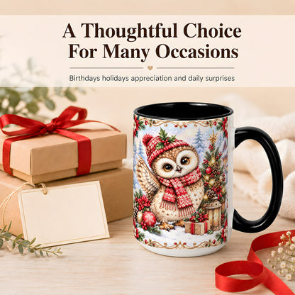 #pl[15oz|Black] Christmas Owl Coffee Mug, Winter Owl Mug, Ceramic Cup