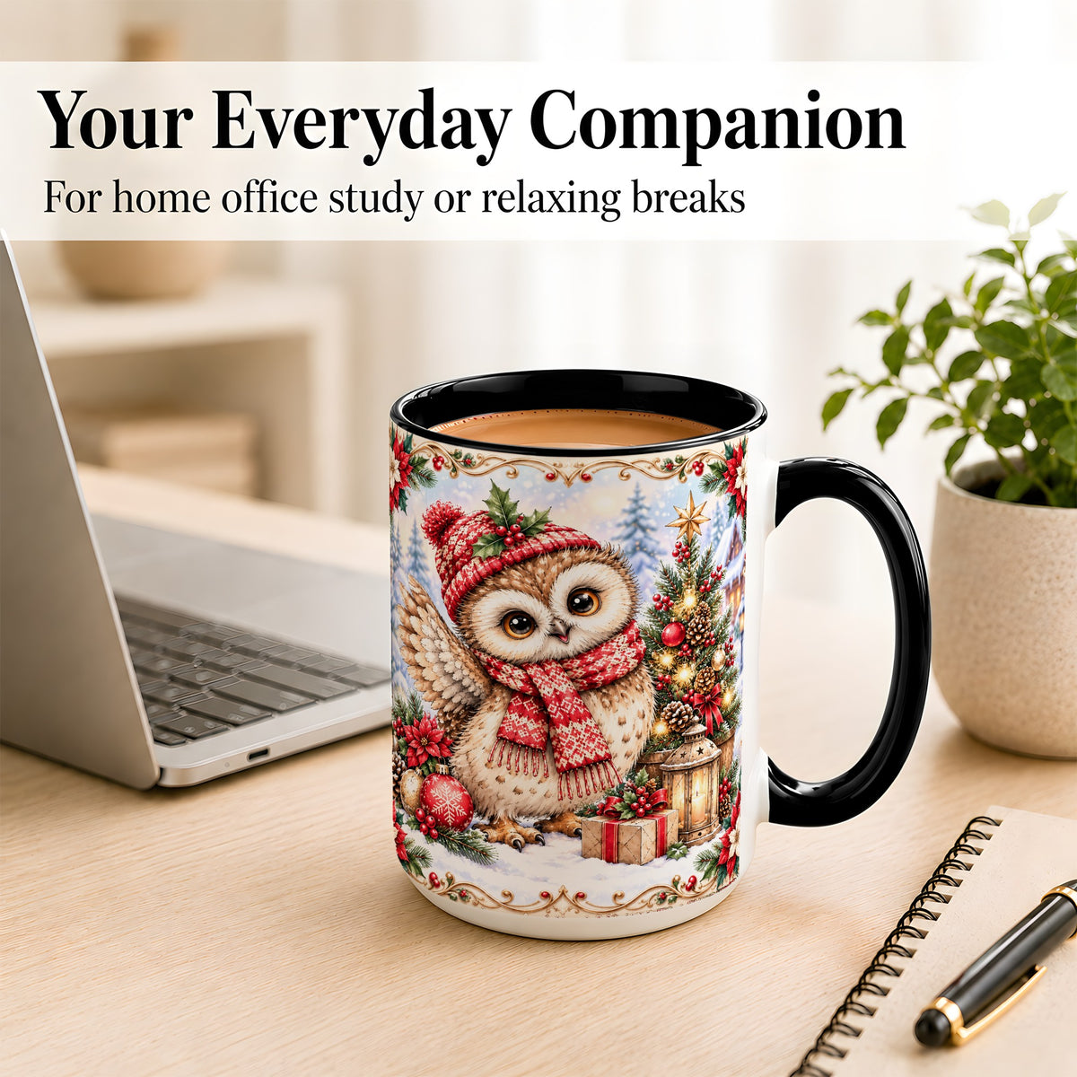 #pl[15oz|Black] Christmas Owl Coffee Mug, Winter Owl Mug, Ceramic Cup