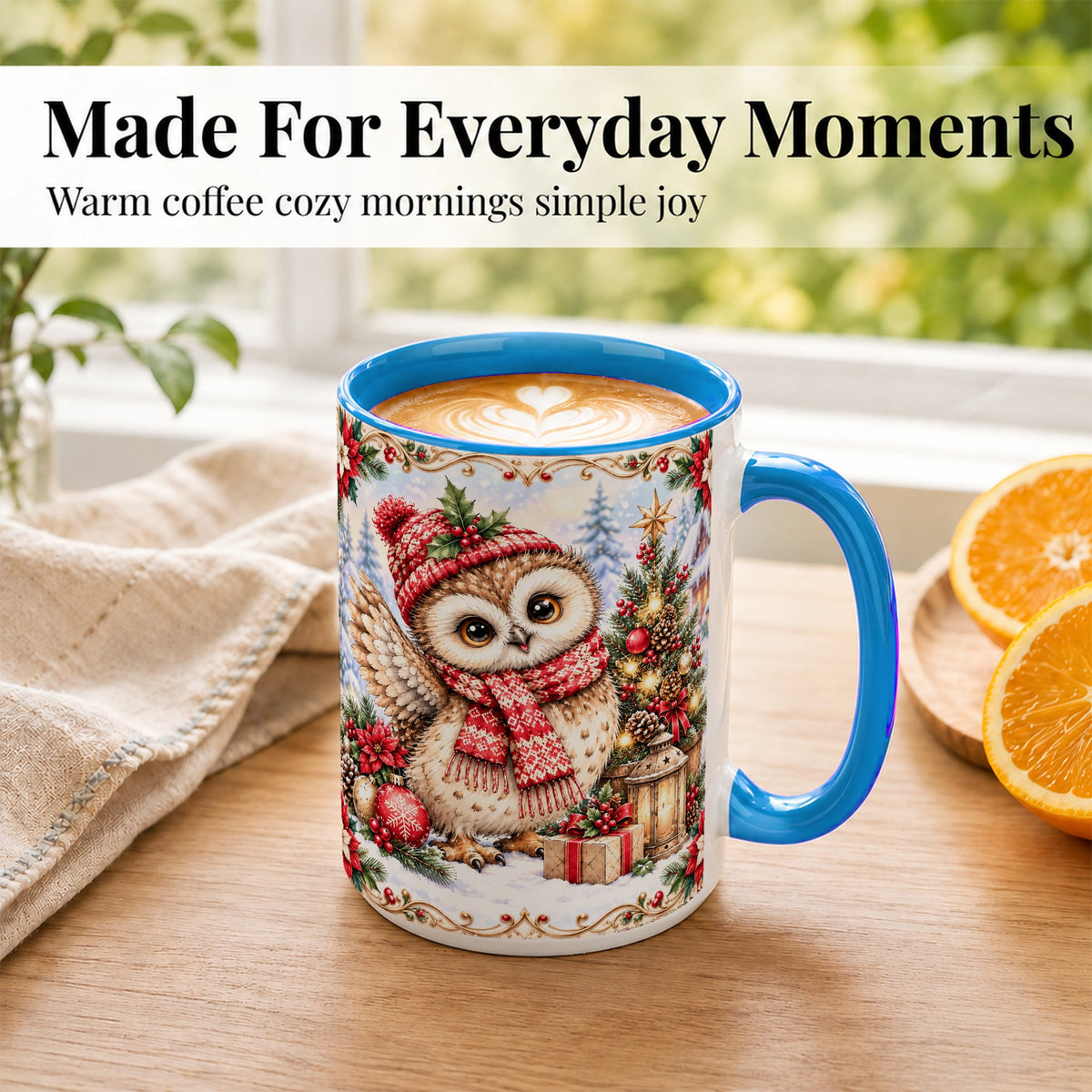 #pl[15oz|Blue] Christmas Owl Coffee Mug, Winter Owl Mug, Ceramic Cup