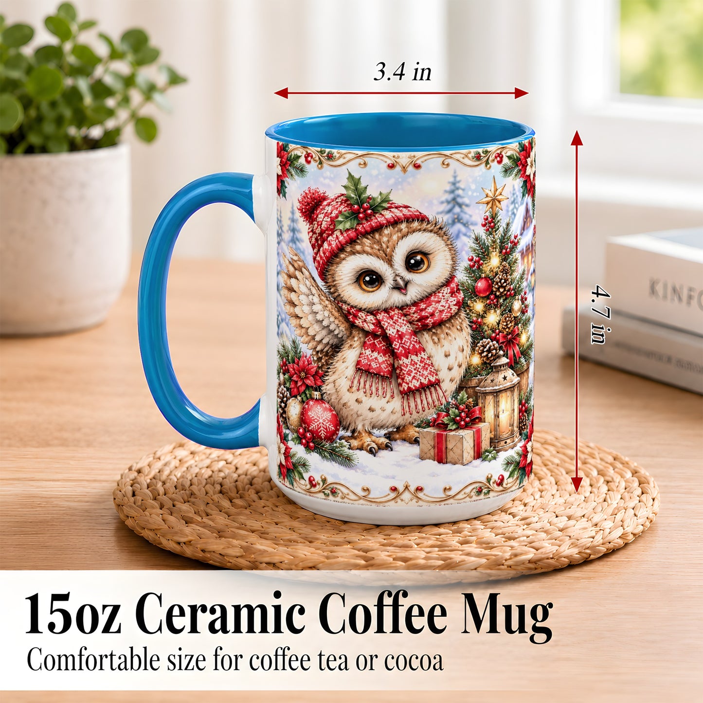 #pl[15oz|Blue] Christmas Owl Coffee Mug, Winter Owl Mug, Ceramic Cup