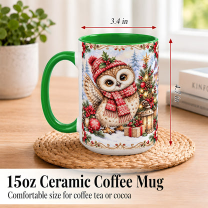 #pl[15oz|Green] Christmas Owl Coffee Mug, Winter Owl Mug, Ceramic Cup