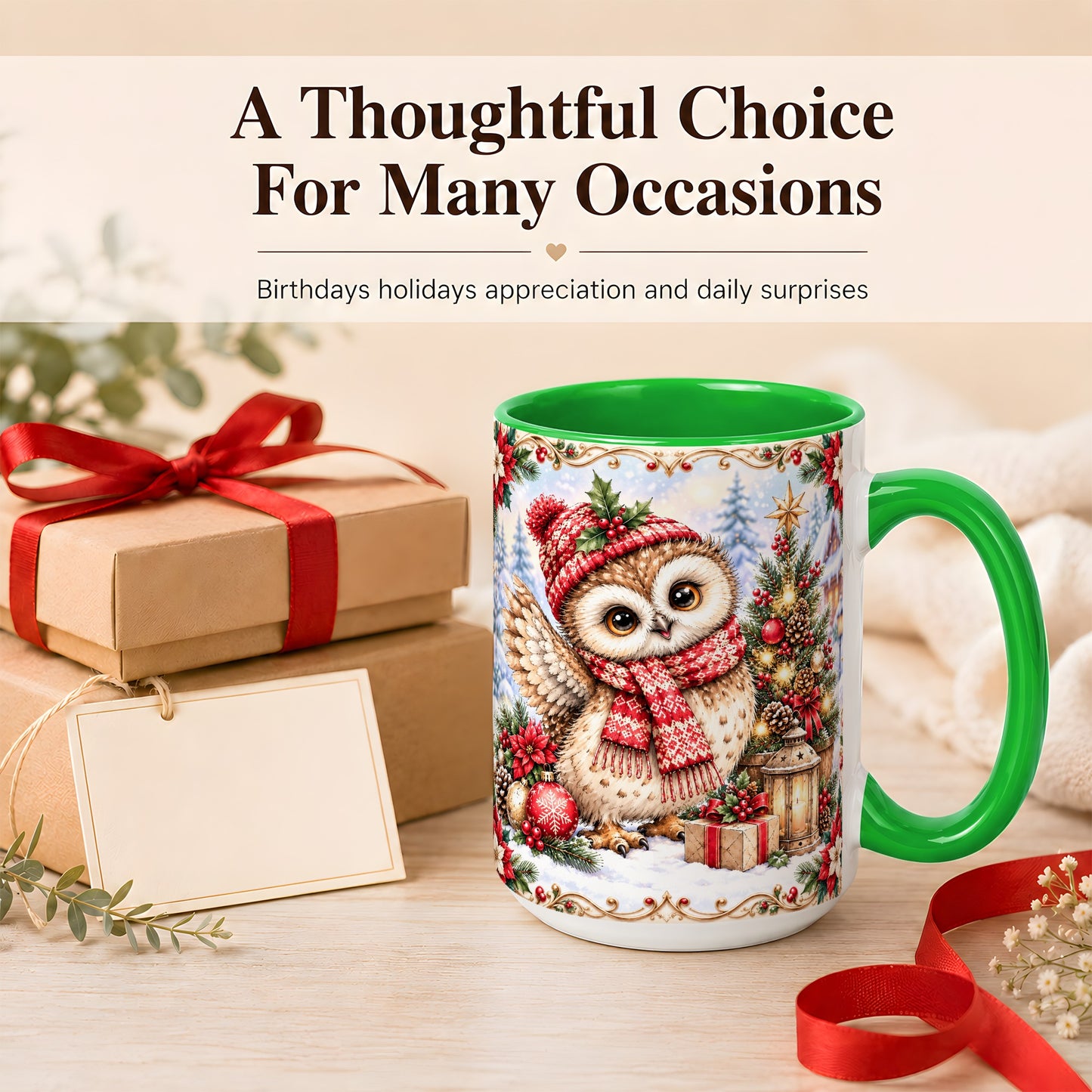#pl[15oz|Green] Christmas Owl Coffee Mug, Winter Owl Mug, Ceramic Cup