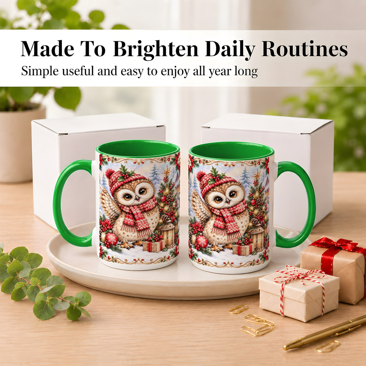 #pl[15oz|Green] Christmas Owl Coffee Mug, Winter Owl Mug, Ceramic Cup