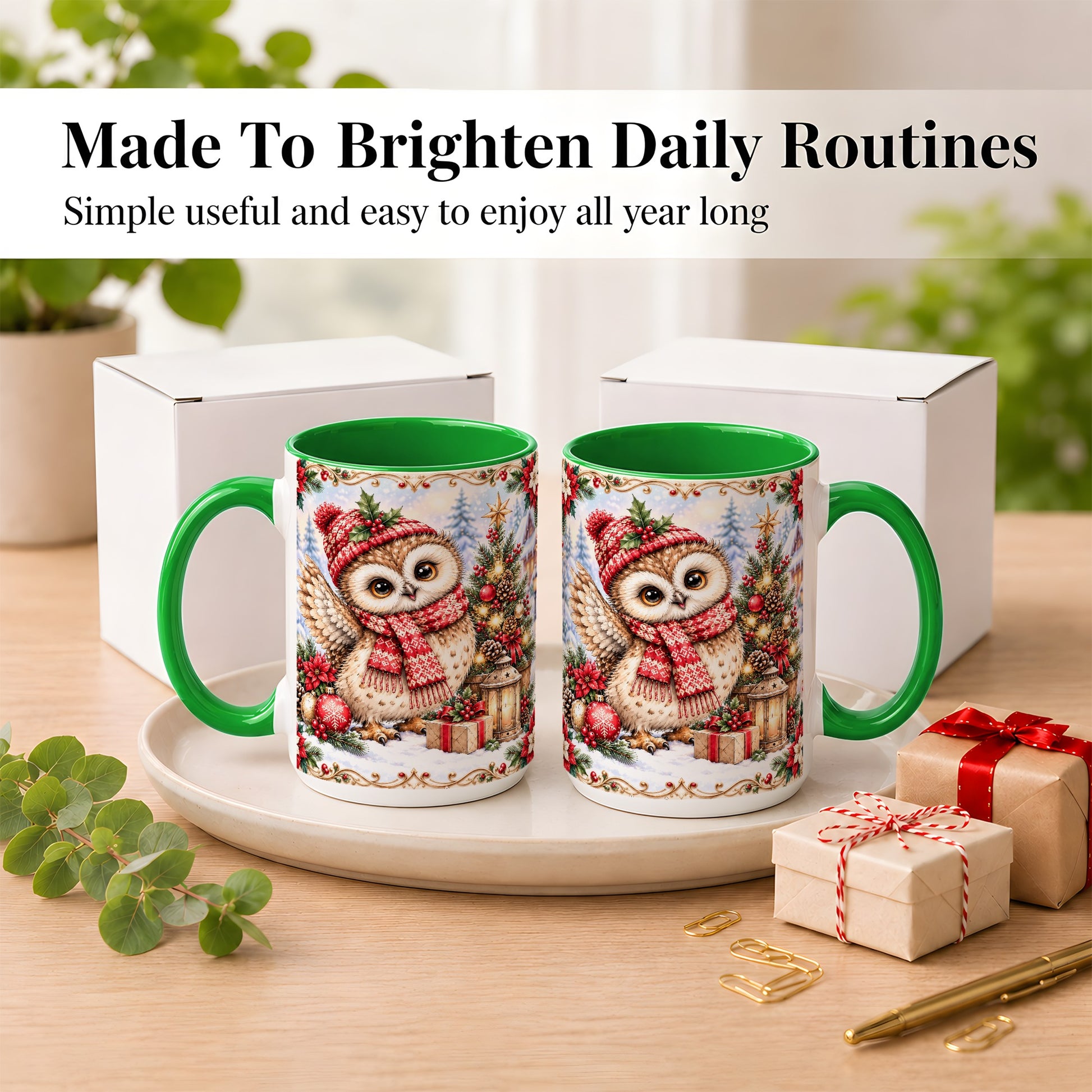 #pl[15oz|Green] Christmas Owl Coffee Mug, Winter Owl Mug, Ceramic Cup