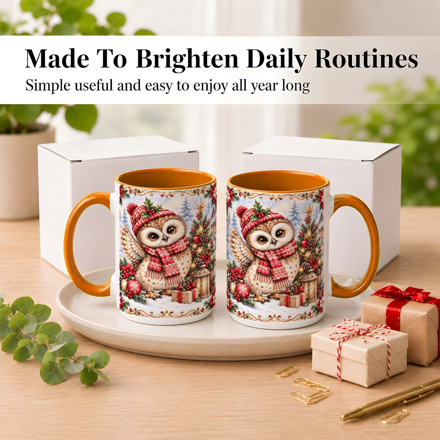 #pl[15oz|Orange] Christmas Owl Coffee Mug, Winter Owl Mug, Ceramic Cup