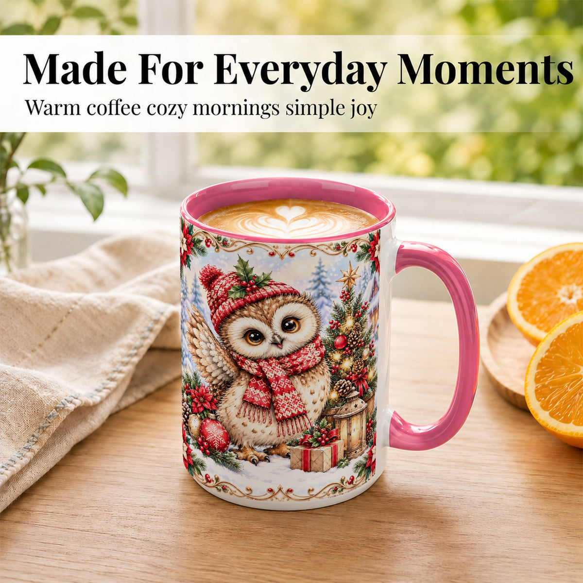 #pl[15oz|Pink] Christmas Owl Coffee Mug, Winter Owl Mug, Ceramic Cup