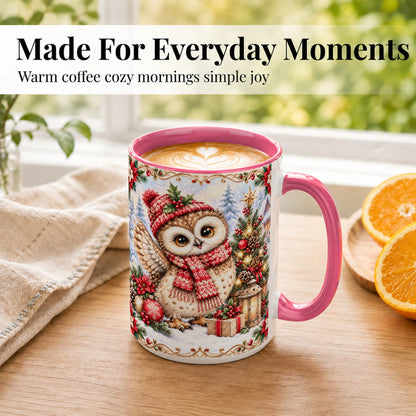 #pl[15oz|Pink] Christmas Owl Coffee Mug, Winter Owl Mug, Ceramic Cup