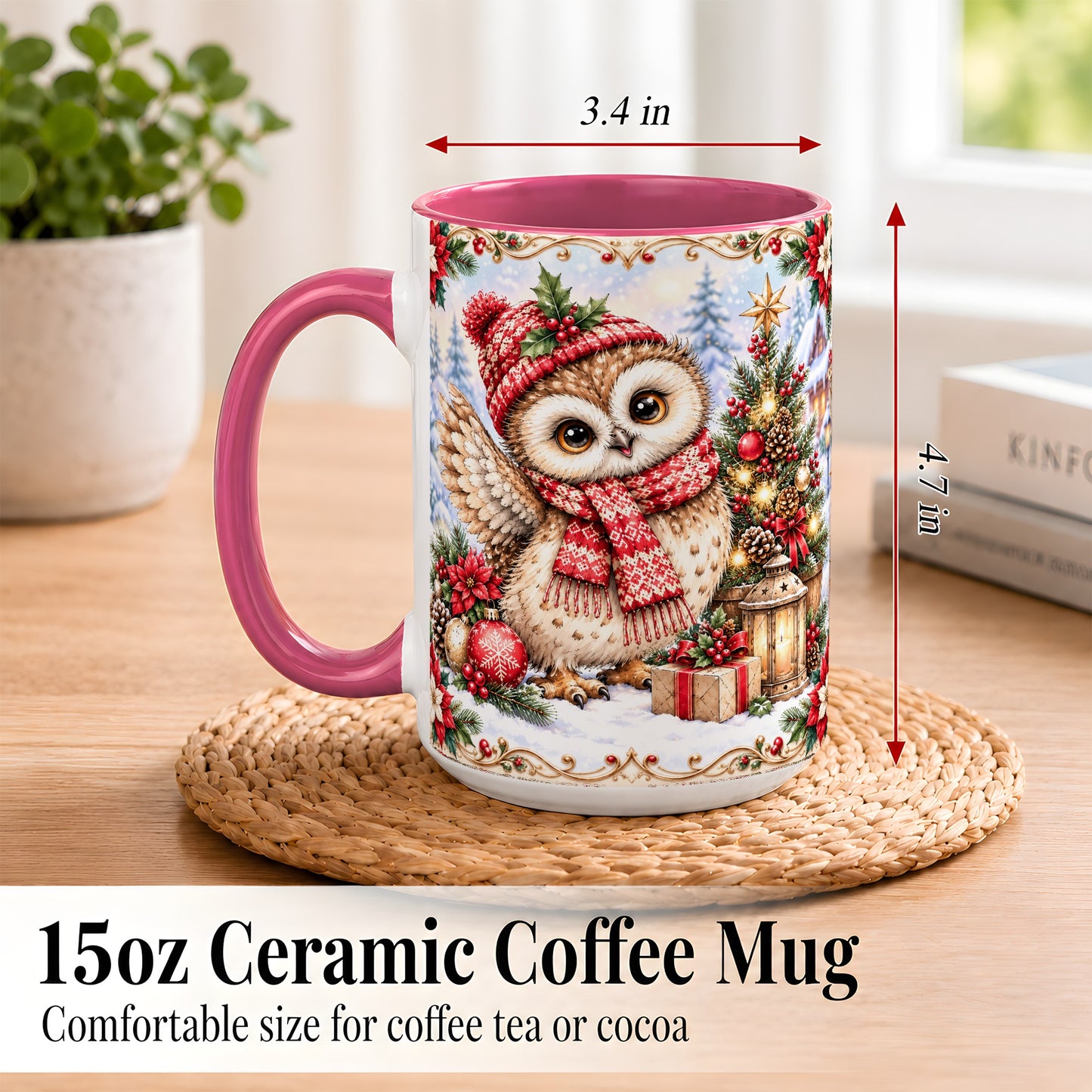 #pl[15oz|Pink] Christmas Owl Coffee Mug, Winter Owl Mug, Ceramic Cup