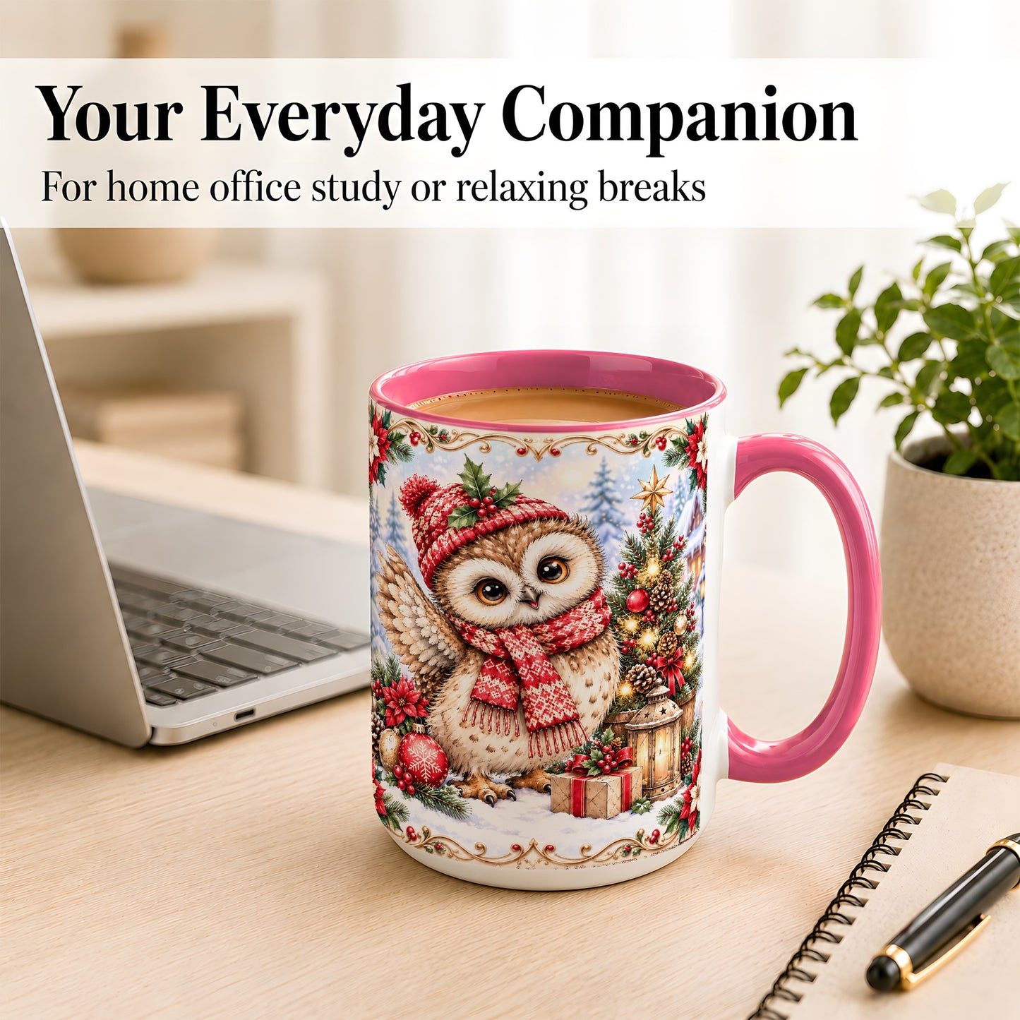 #pl[15oz|Pink] Christmas Owl Coffee Mug, Winter Owl Mug, Ceramic Cup