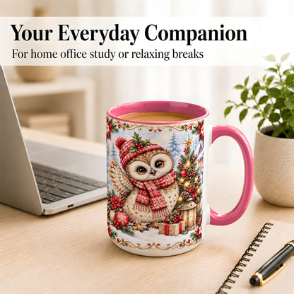 #pl[15oz|Pink] Christmas Owl Coffee Mug, Winter Owl Mug, Ceramic Cup