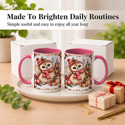 #pl[15oz|Pink] Christmas Owl Coffee Mug, Winter Owl Mug, Ceramic Cup