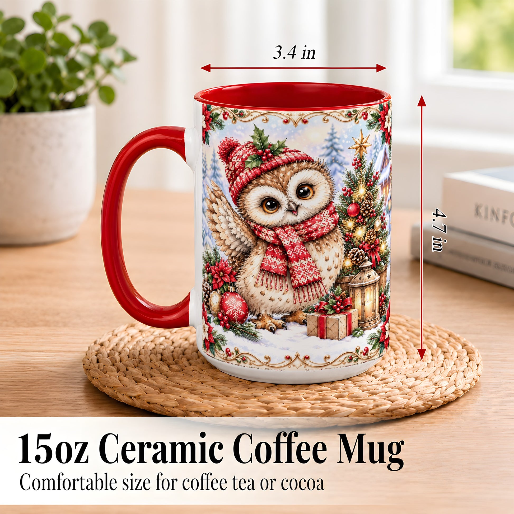 #pl[15oz|Red] Christmas Owl Coffee Mug, Winter Owl Mug, Ceramic Cup