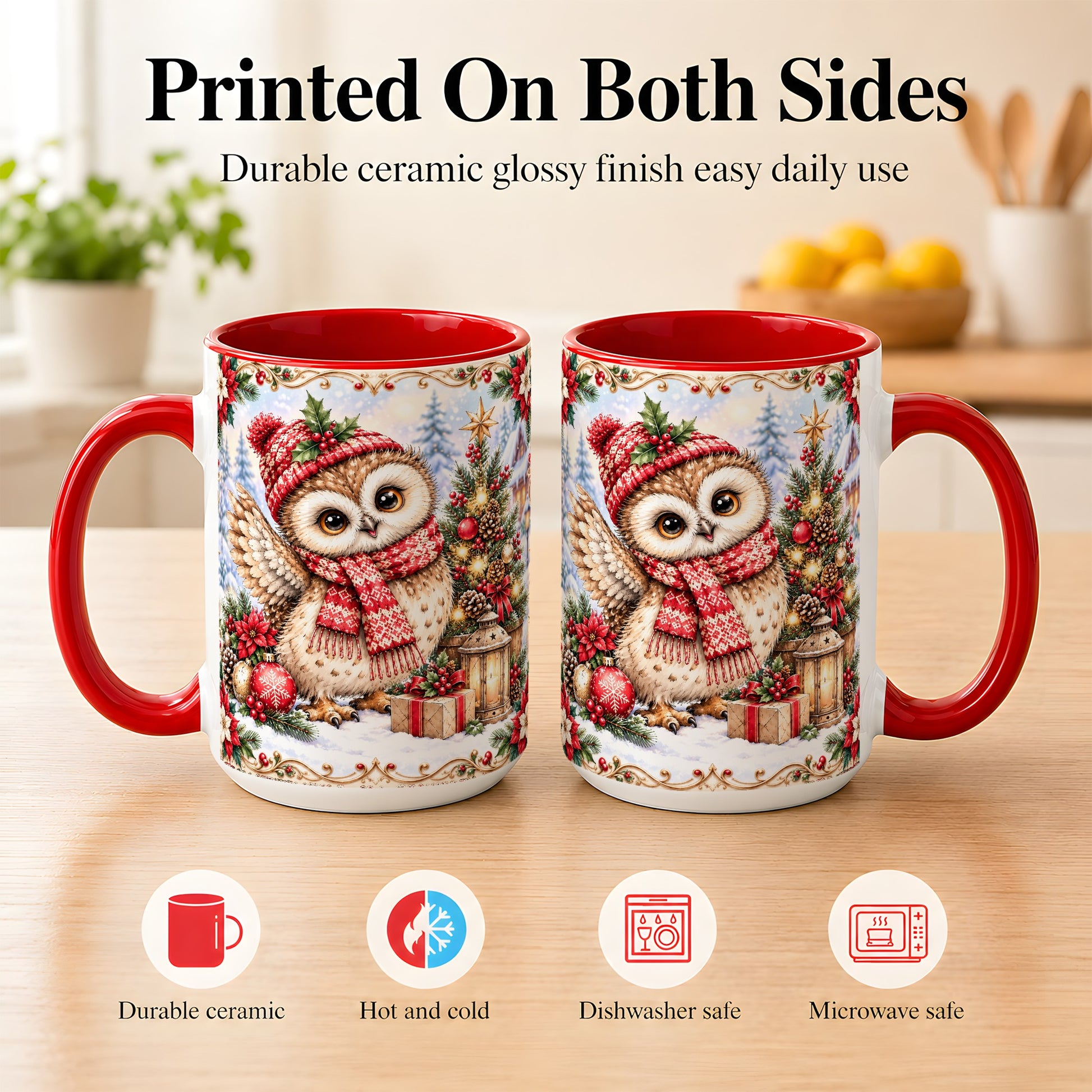 #pl[15oz|Red] Christmas Owl Coffee Mug, Winter Owl Mug, Ceramic Cup