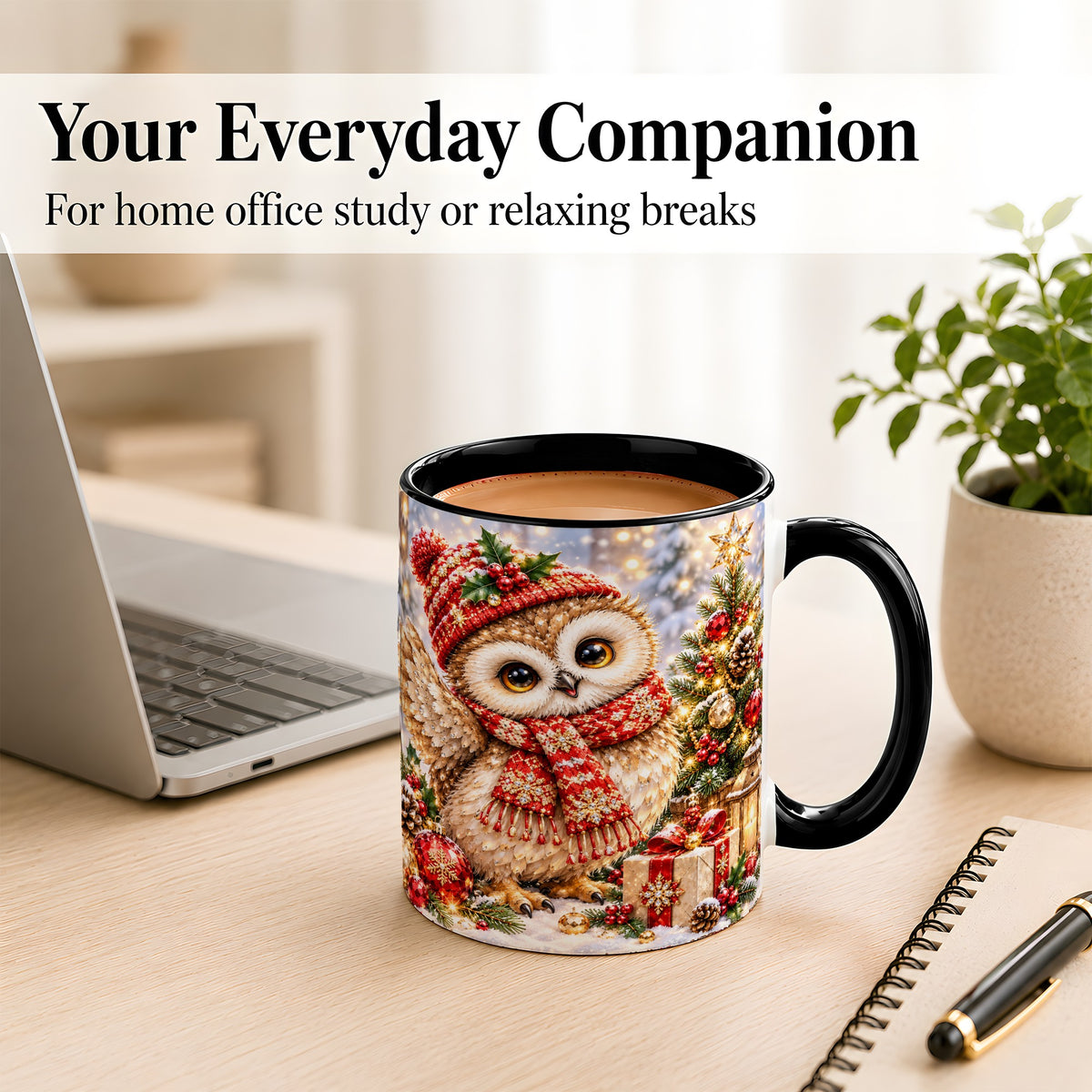 #pl[11oz|Black] Christmas Owl Coffee Mug, Winter Bird Mug, Ceramic Cup