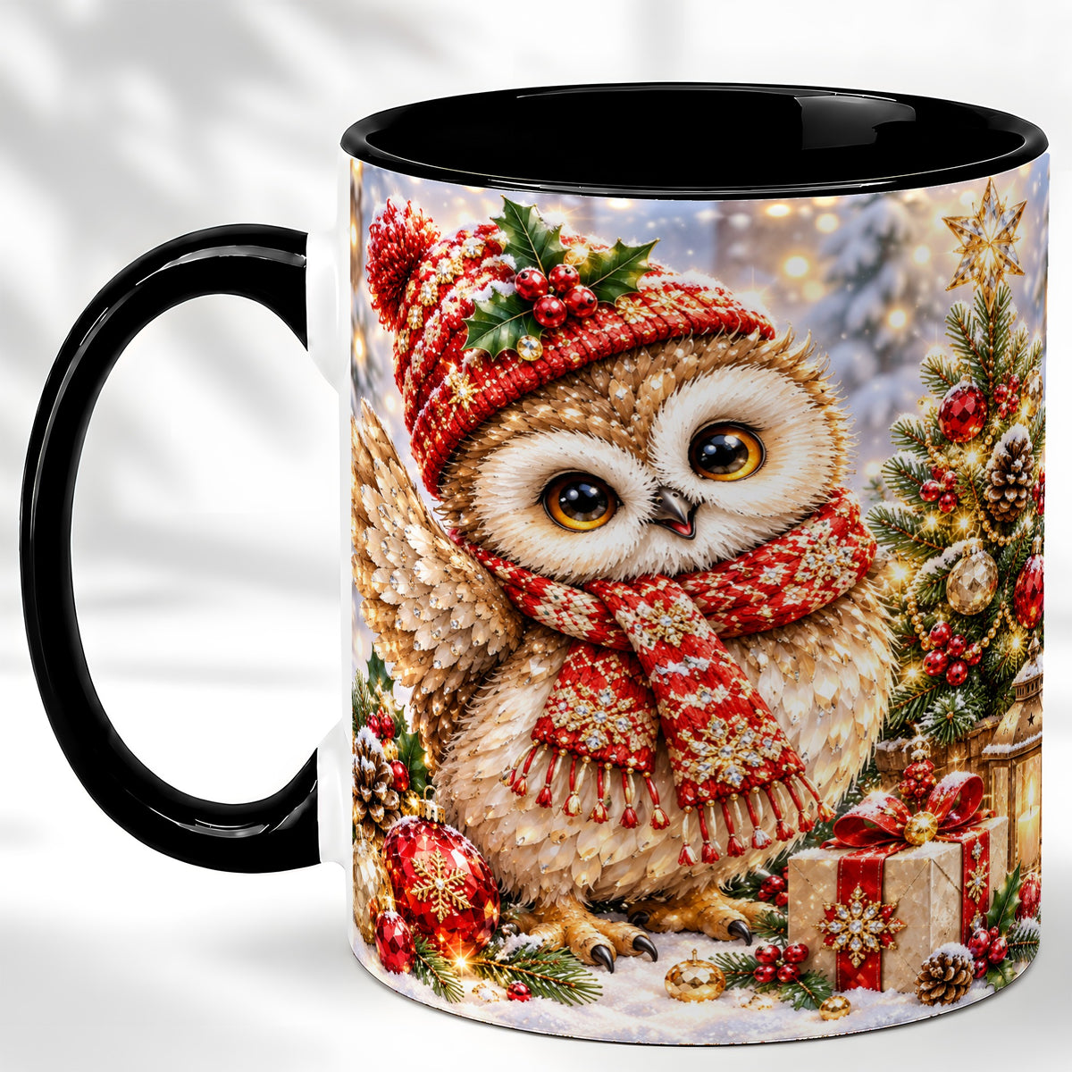 #pl[11oz|Black] Christmas Owl Coffee Mug, Winter Bird Mug, Ceramic Cup