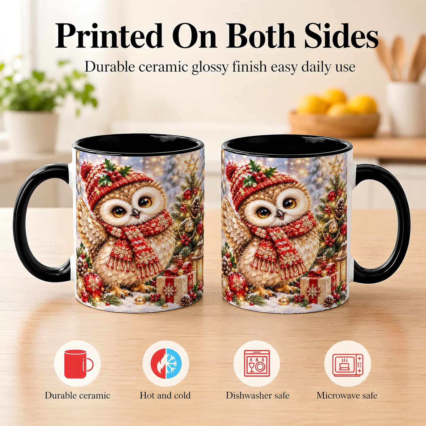 #pl[11oz|Black] Christmas Owl Coffee Mug, Winter Bird Mug, Ceramic Cup