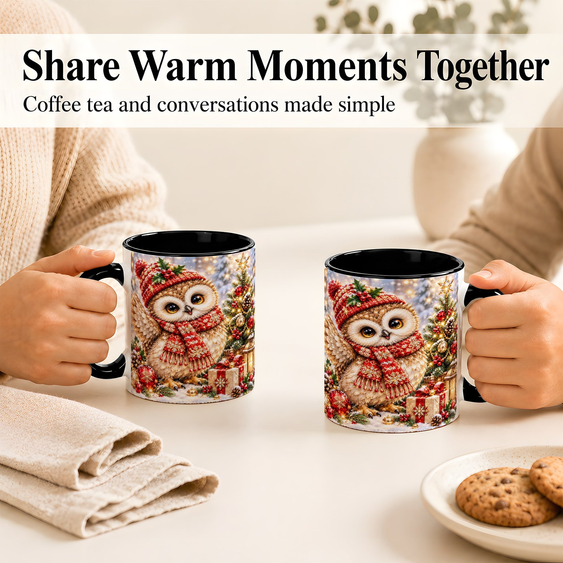#pl[11oz|Black] Christmas Owl Coffee Mug, Winter Bird Mug, Ceramic Cup