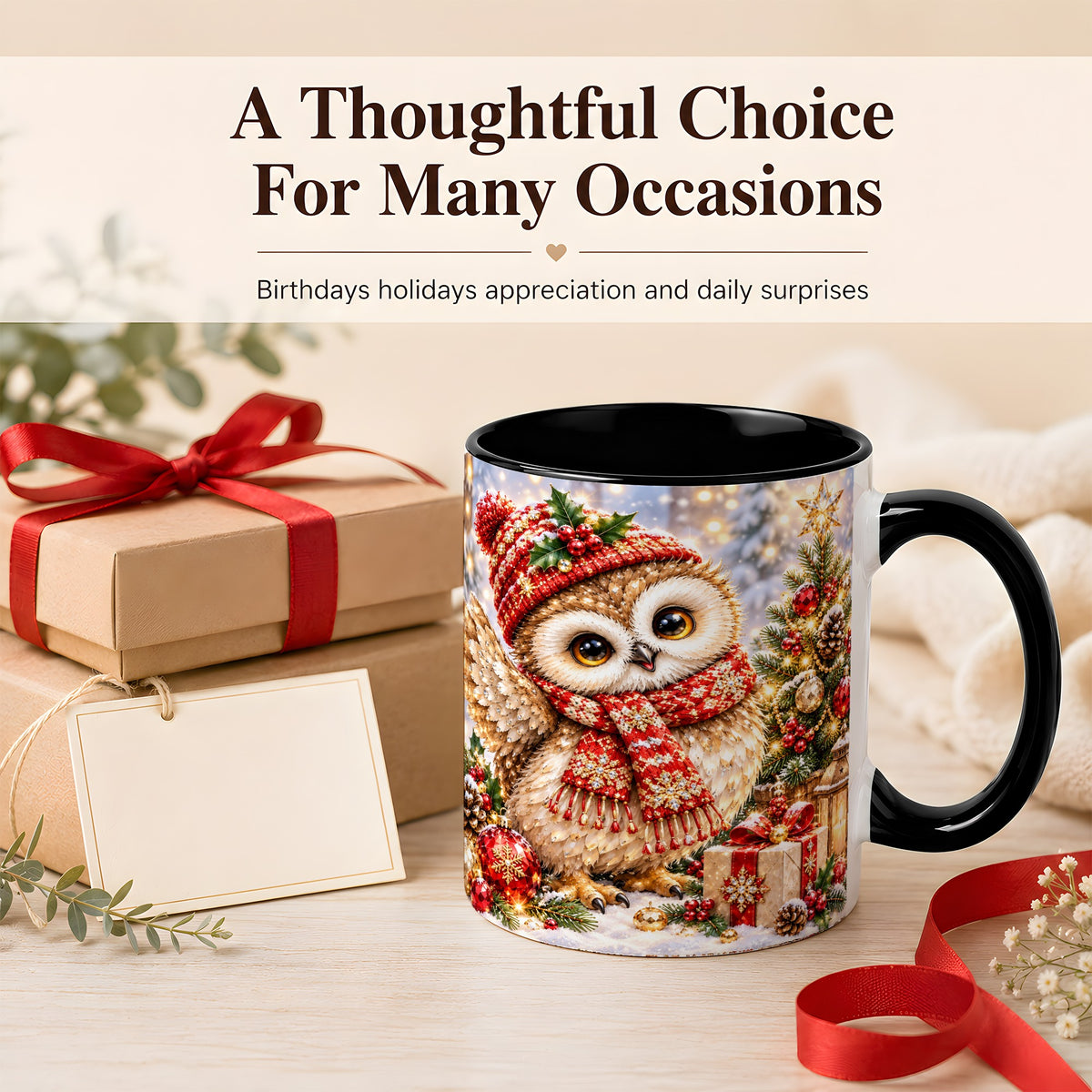 #pl[11oz|Black] Christmas Owl Coffee Mug, Winter Bird Mug, Ceramic Cup