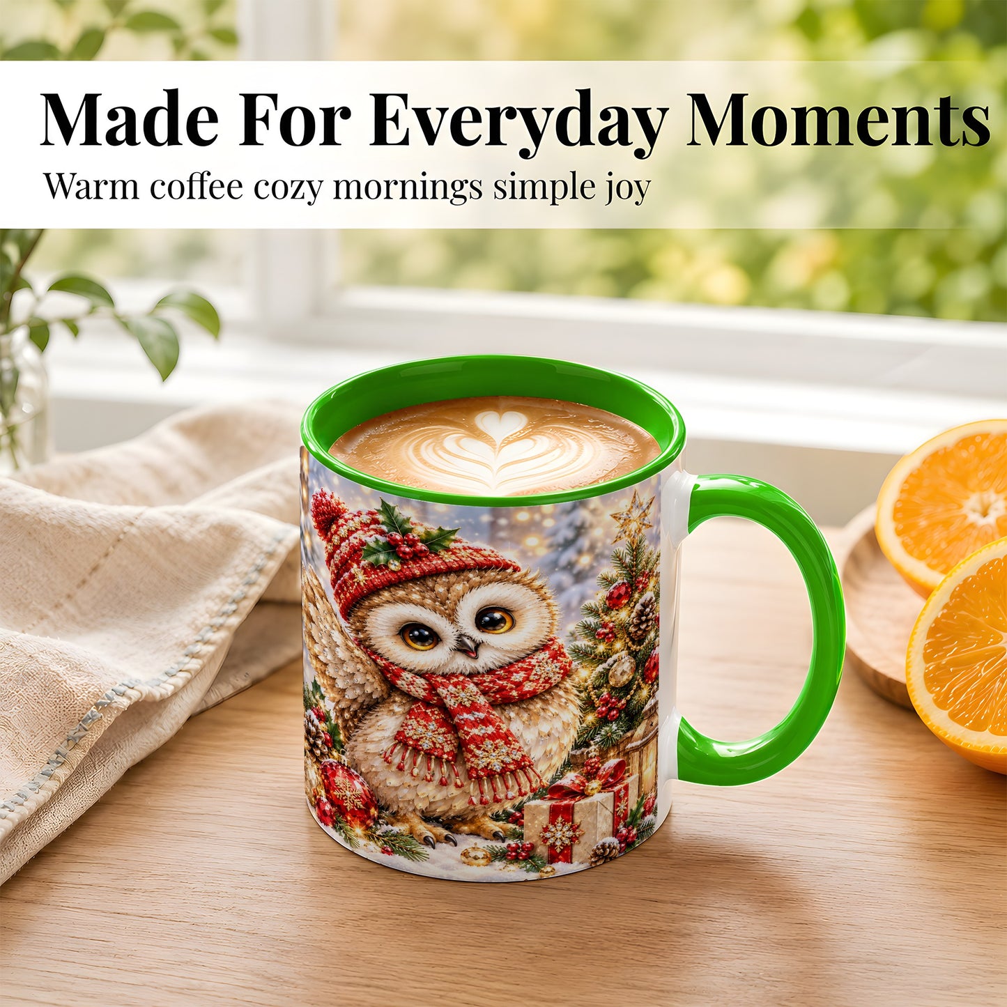 #pl[11oz|Green] Christmas Owl Coffee Mug, Winter Bird Mug, Ceramic Cup