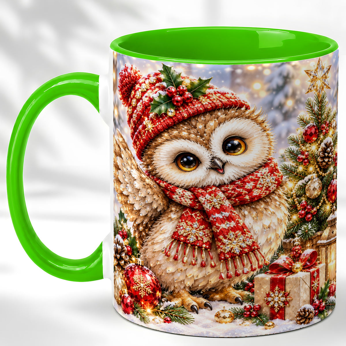 #pl[11oz|Green] Christmas Owl Coffee Mug, Winter Bird Mug, Ceramic Cup