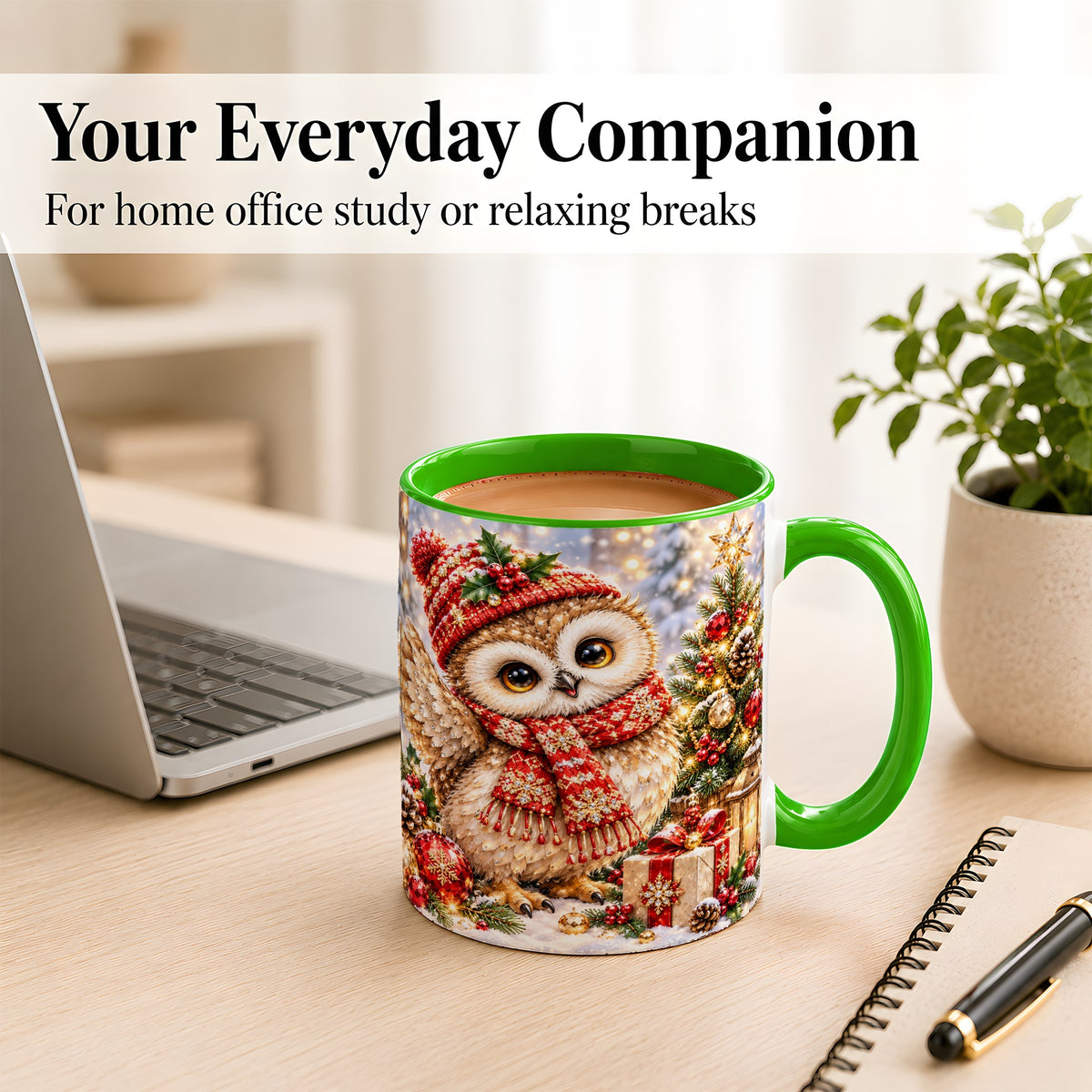 #pl[11oz|Green] Christmas Owl Coffee Mug, Winter Bird Mug, Ceramic Cup