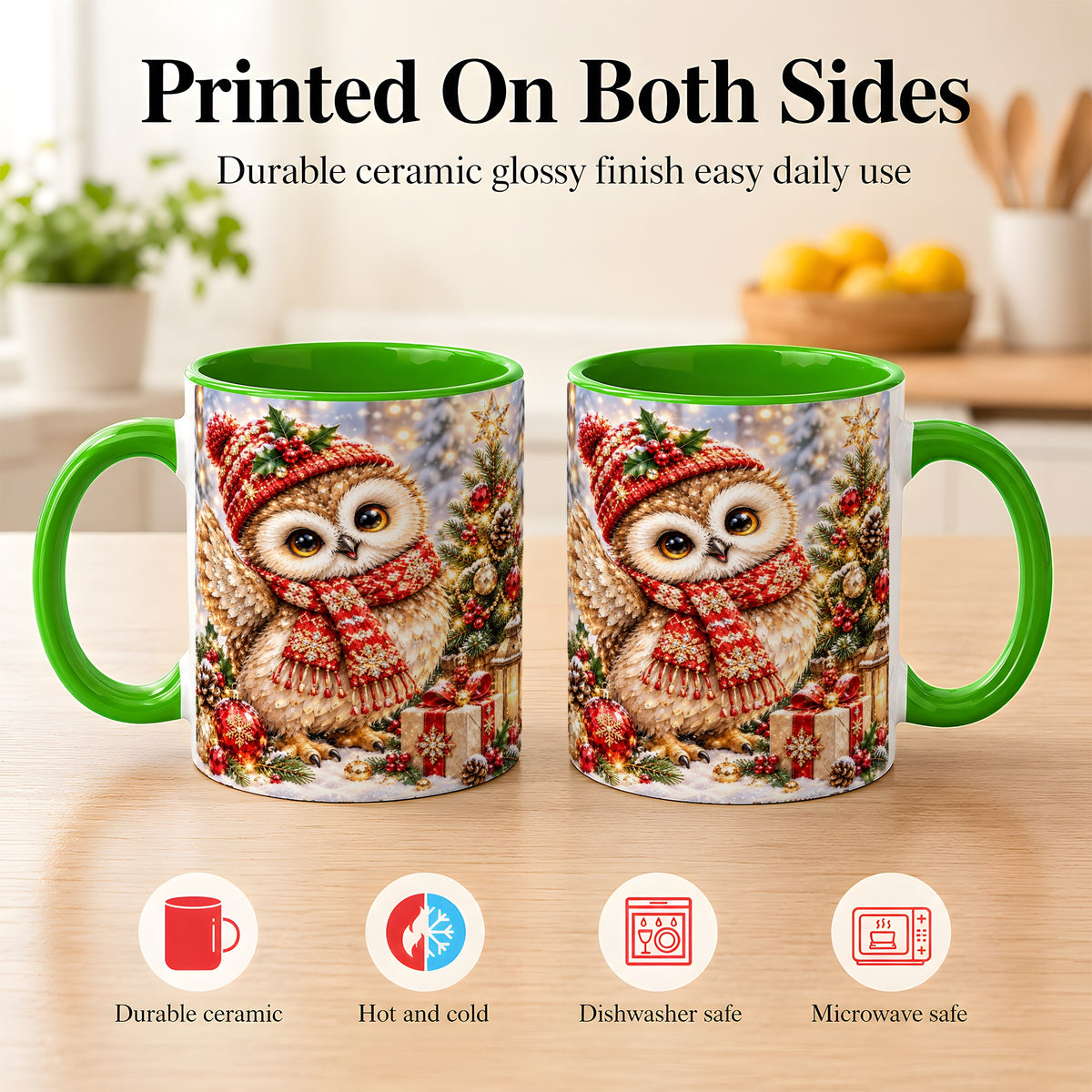 #pl[11oz|Green] Christmas Owl Coffee Mug, Winter Bird Mug, Ceramic Cup