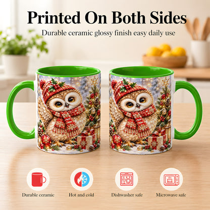 #pl[11oz|Green] Christmas Owl Coffee Mug, Winter Bird Mug, Ceramic Cup