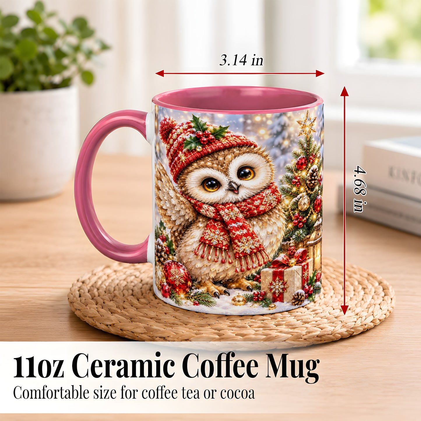 #pl[11oz|Pink] Christmas Owl Coffee Mug, Winter Bird Mug, Ceramic Cup