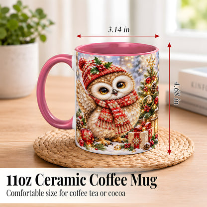 #pl[11oz|Pink] Christmas Owl Coffee Mug, Winter Bird Mug, Ceramic Cup