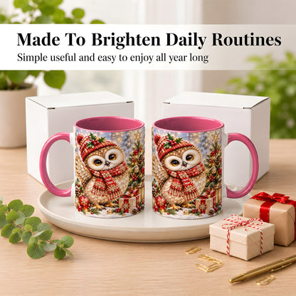 #pl[11oz|Pink] Christmas Owl Coffee Mug, Winter Bird Mug, Ceramic Cup