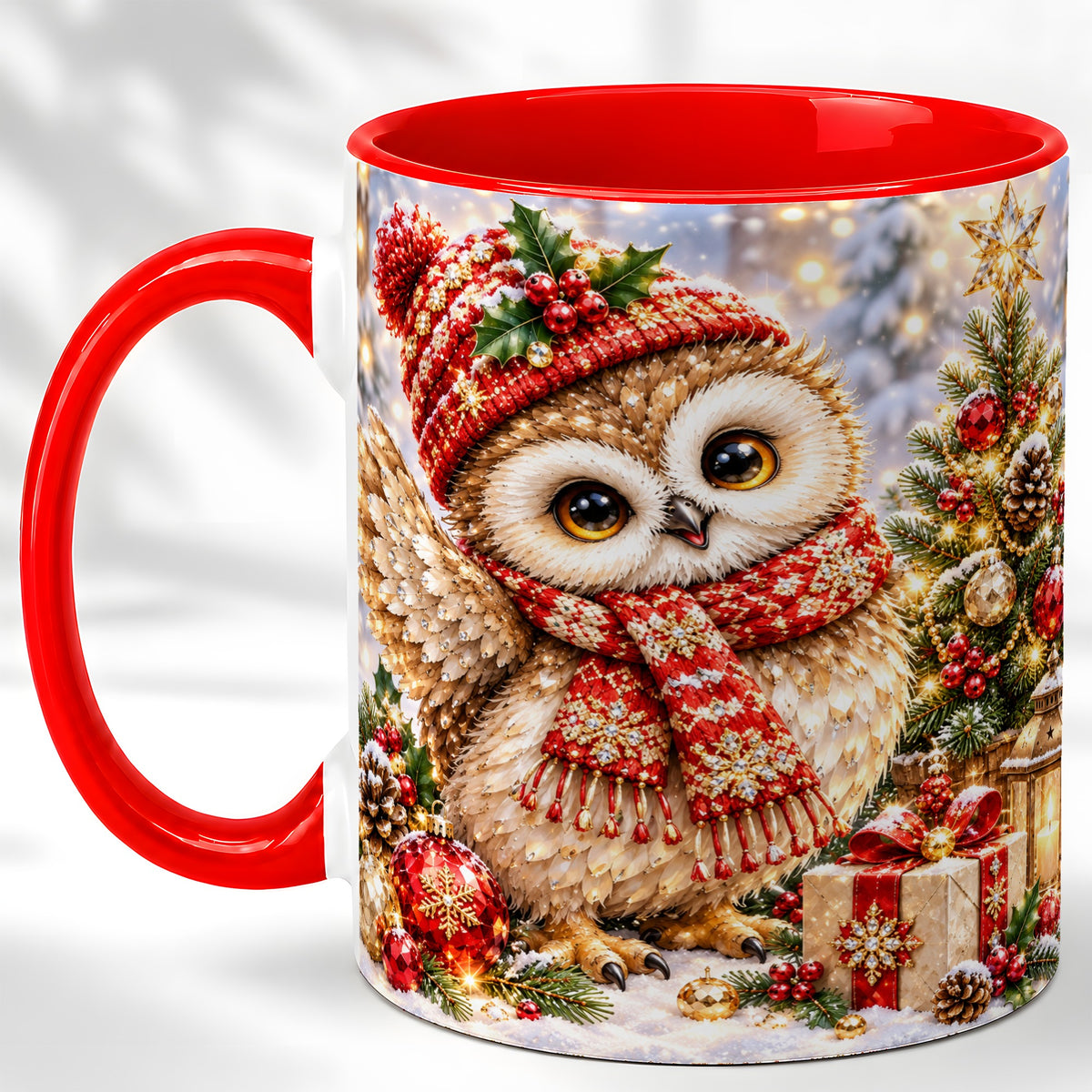 Christmas Owl Coffee Mug, Winter Bird Mug, Ceramic Cup