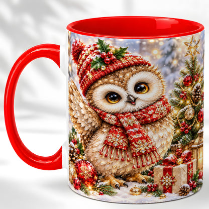 Christmas Owl Coffee Mug, Winter Bird Mug, Ceramic Cup