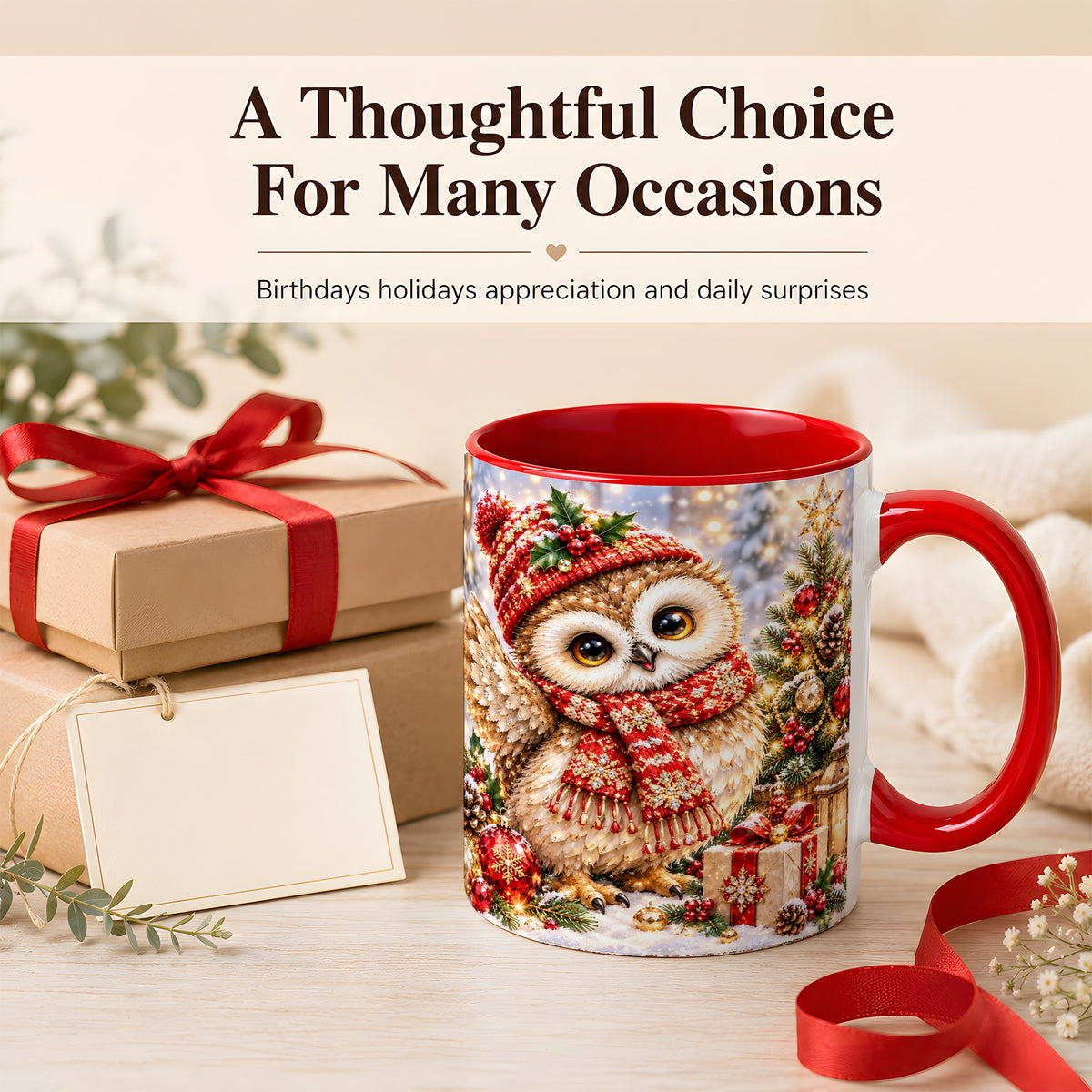 #pl[11oz|Red] Christmas Owl Coffee Mug, Winter Bird Mug, Ceramic Cup
