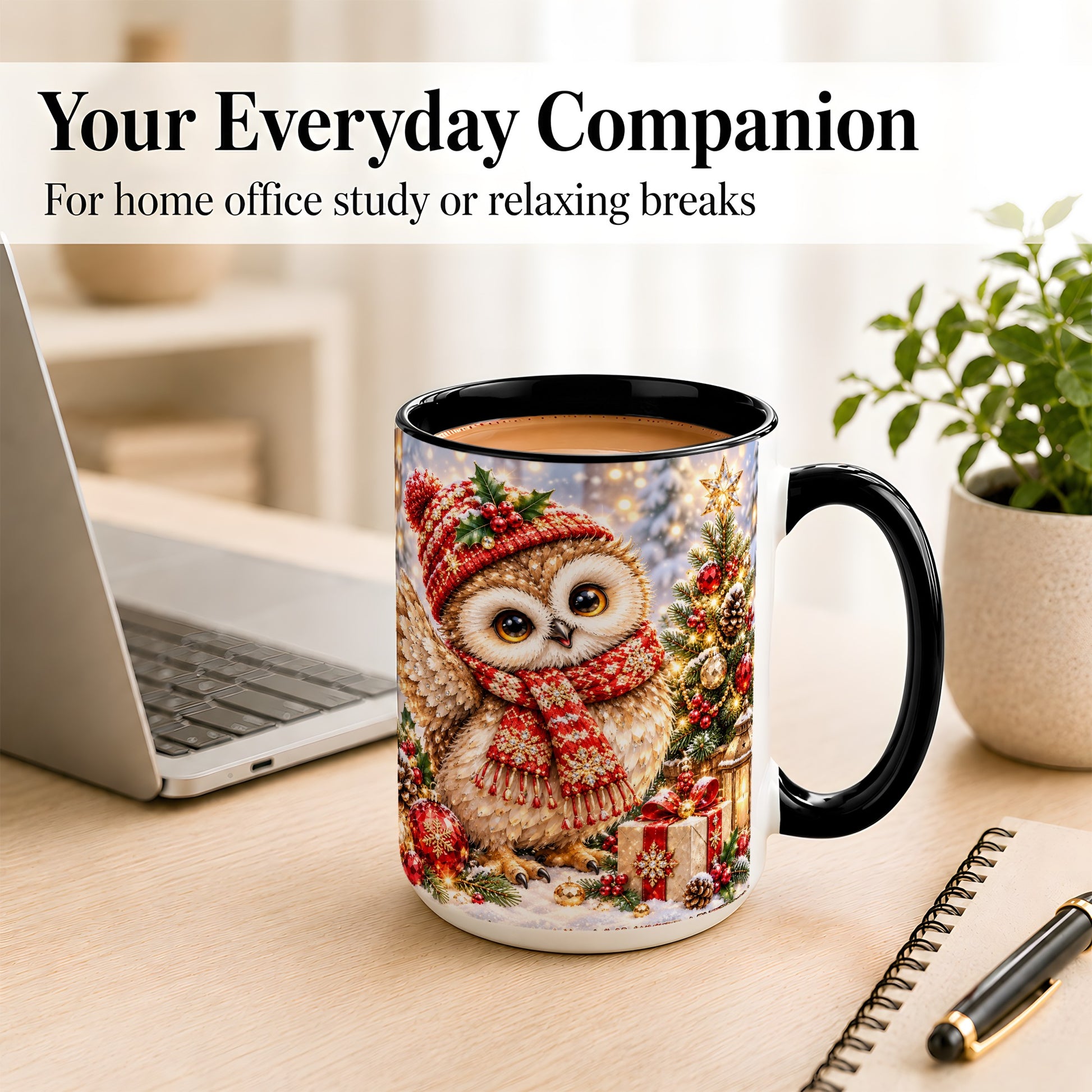 #pl[15oz|Black] Christmas Owl Coffee Mug, Winter Bird Mug, Ceramic Cup