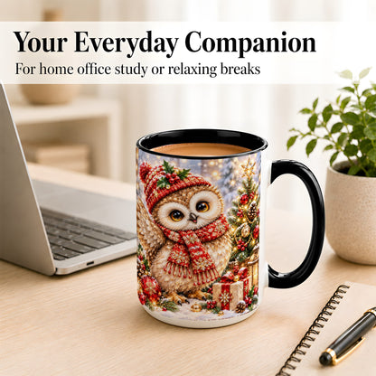 #pl[15oz|Black] Christmas Owl Coffee Mug, Winter Bird Mug, Ceramic Cup