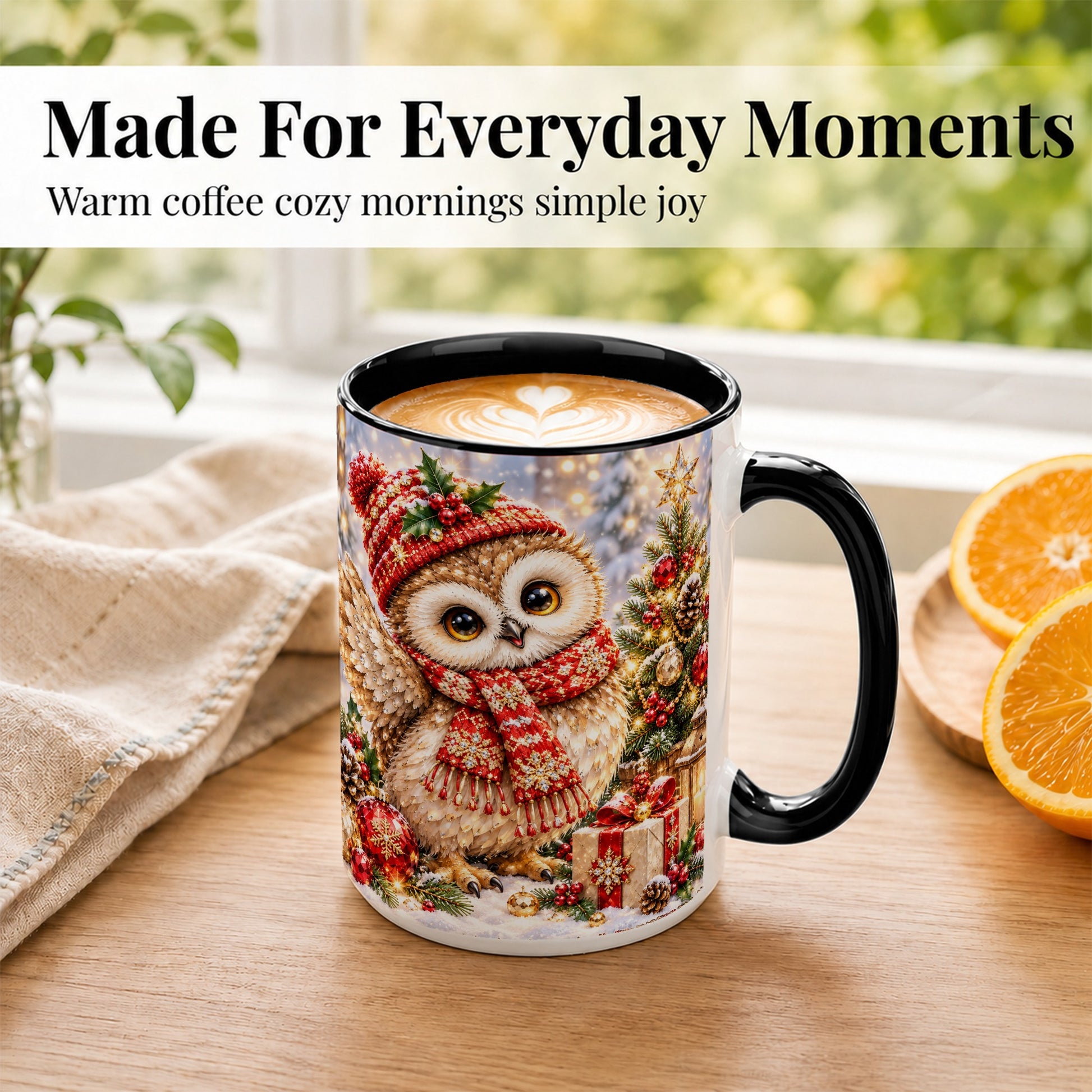 #pl[15oz|Black] Christmas Owl Coffee Mug, Winter Bird Mug, Ceramic Cup