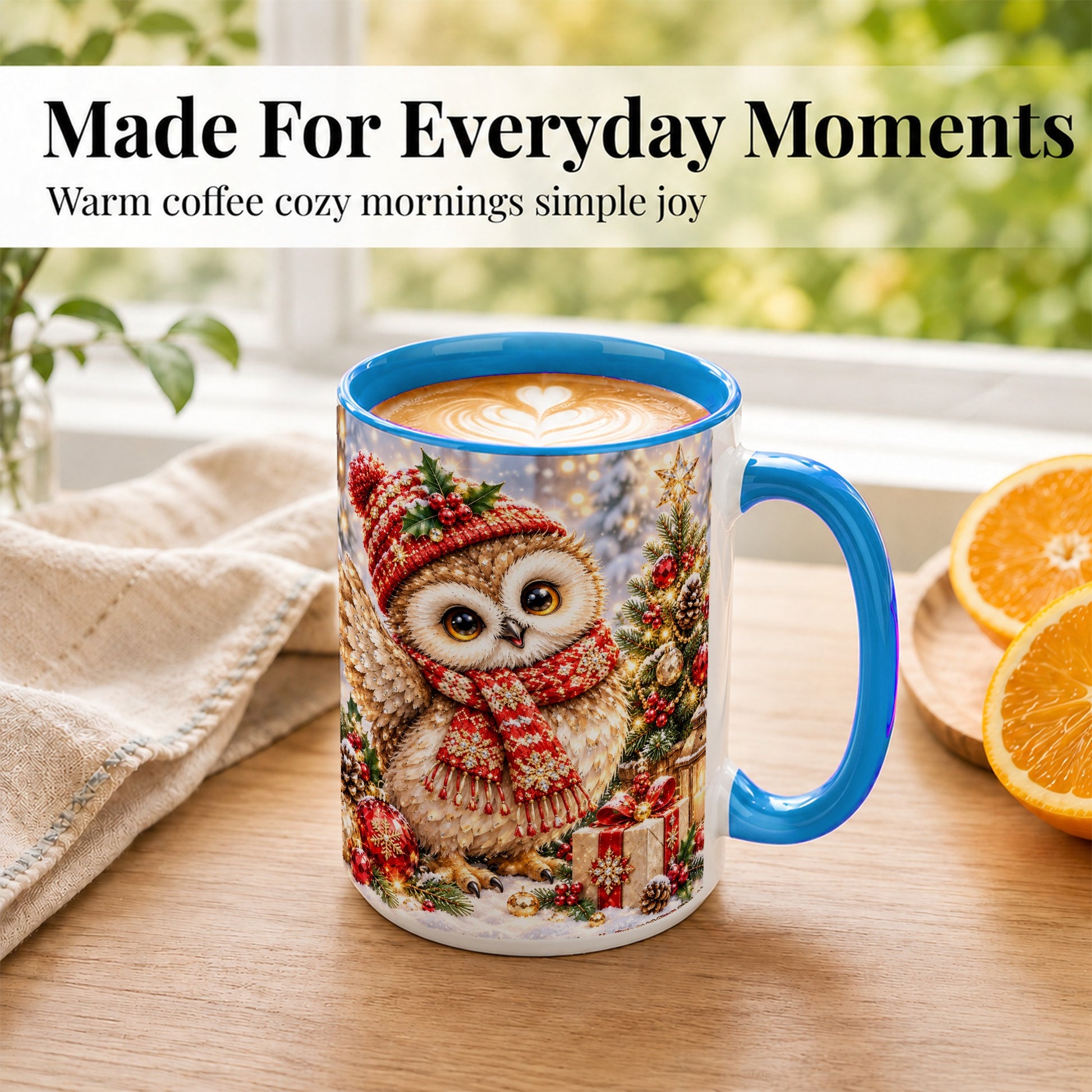 #pl[15oz|Blue] Christmas Owl Coffee Mug, Winter Bird Mug, Ceramic Cup