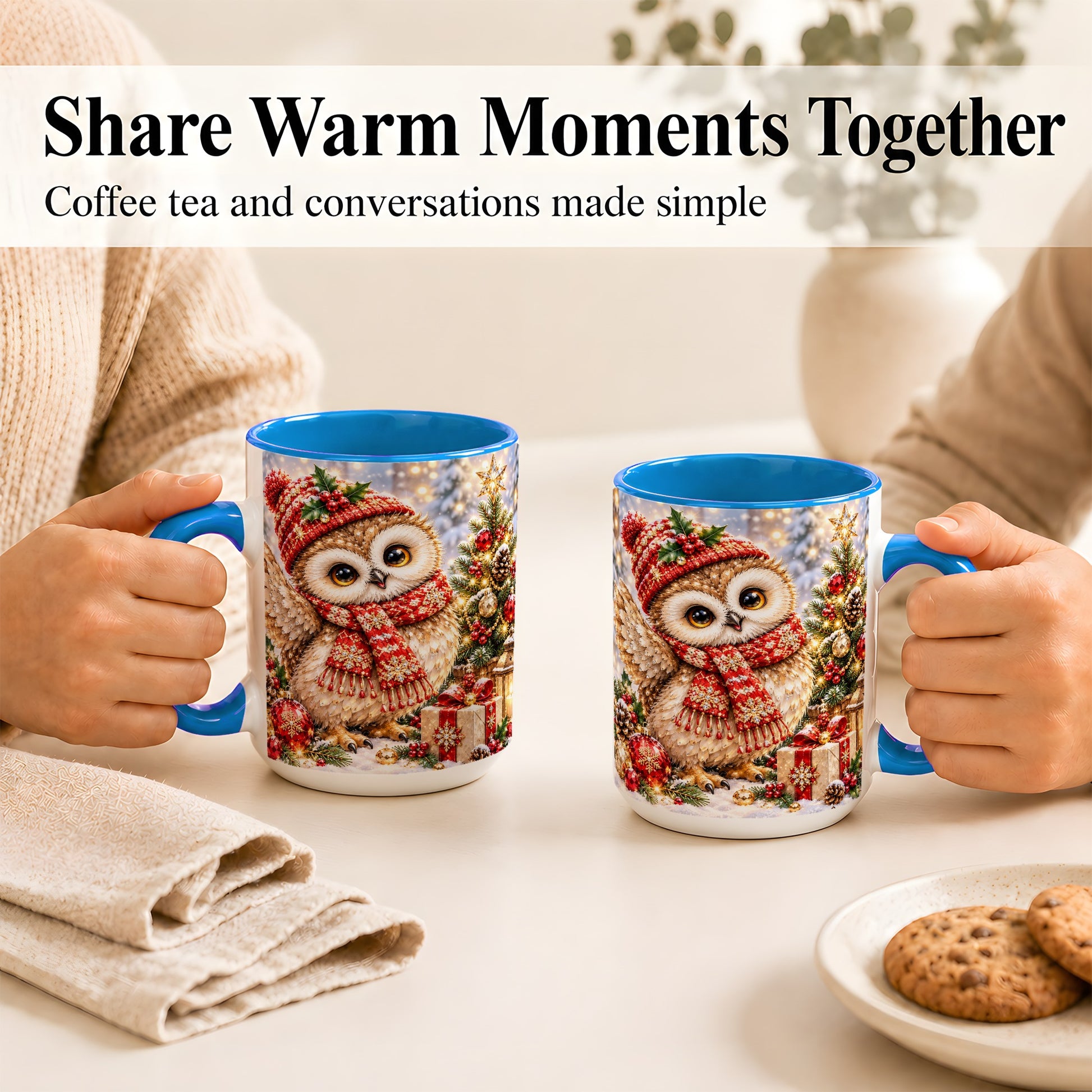 #pl[15oz|Blue] Christmas Owl Coffee Mug, Winter Bird Mug, Ceramic Cup